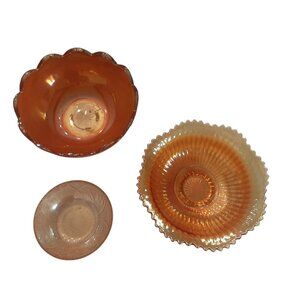 Set Of 3 Jeanette Iris, Crackle Marigold Carnival Glass. Iridescent Serving Bowl
